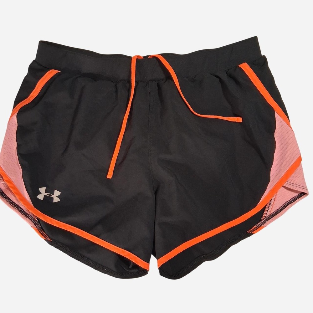 Womens Under Armour black shorts with orange and pink side panels